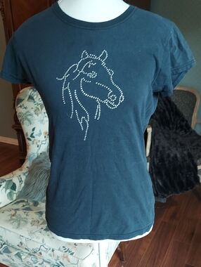 Girls Black Rhinestone Horse Tee - Short Sleeve